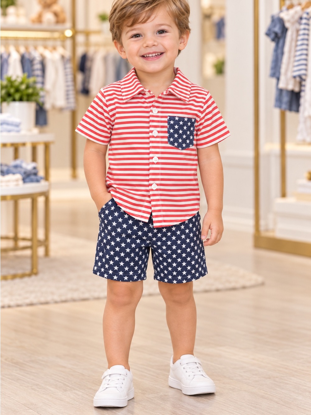 SHEIN Red & Navy Striped Button-Down Shirt with Star Pocket